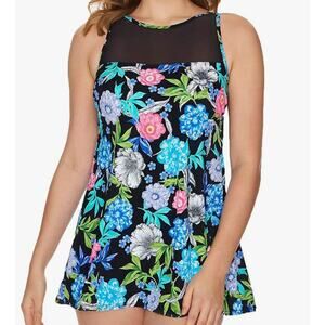 Swim Solutions Soft Blooms Mesh-Trim Tummy-Control Swimdress Black Floral 24W